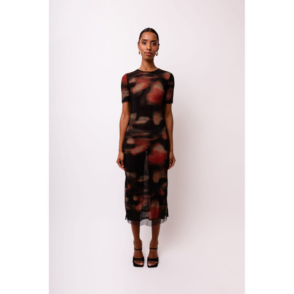 Designer Dress Mesh Rhinestone Abstract Camo Goth Sheer Midi M/L Retail $350NEW
